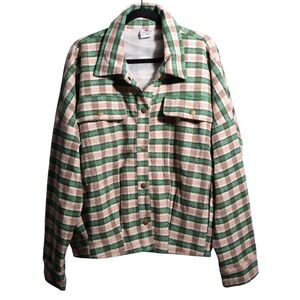 Like‎ Love Womens 2XL Plaid Flannel Shirt Jacket Shacket Green Tan Button Up